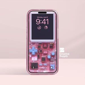 Sfondo trasparente rosa e blu per telefono Gameboy, circuito della console di gioco ultra-realistico, arte digitale, schermata di blocco, estetica pastello Y2K