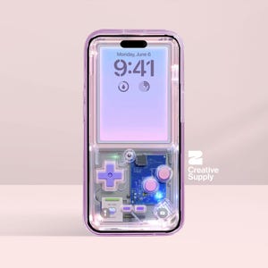 May include: A transparent phone case with a retro video game design. The case has a lilac frame and features a D-pad, buttons, and circuit board details. The phone screen displays the time as 9:41 AM on Monday, June 6.
