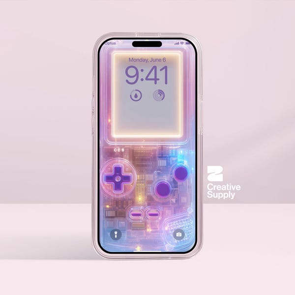 Pink Lila Blau Transparent Farbverlauf Gameboy Wallpaper - Ultra-realistische Retro Digitale Kunst für Telefonbildschirm | Pastellige Gamer-Ästhetik