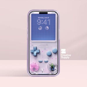 Sfondo retrò per Gameboy per iPhone / Schermata di blocco ultra-realistica con motivo pastello Y2K / Sfondo digitale con console per videogiochi blu, viola e rosa