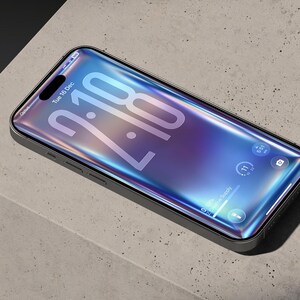 May include: A smartphone with a curved screen displaying the time, date, and other app icons. The phone has a silver frame and is set against a gray, textured surface. The screen shows the time as 2:18. The image includes the text "Creative Supply" and "4K ULTRA HD".