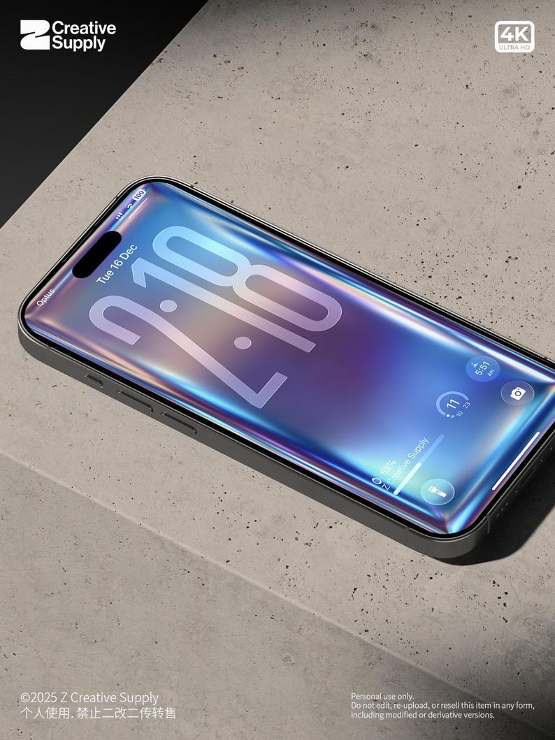 May include: A smartphone with a curved screen displaying the time, date, and other app icons. The phone has a silver frame and is set against a gray, textured surface. The screen shows the time as 2:18. The image includes the text "Creative Supply" and "4K ULTRA HD".