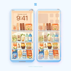 Può includere: Un design di sfondo per telefono azzurro con un frigorifero pieno di generi alimentari. Lo schermo mostra la data e l'ora: lunedì 6 giugno, 9:41. La parte inferiore dell'immagine include il testo: ©2025 Z Creative Supply.