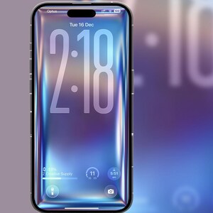 May include: A smartphone with a vibrant, iridescent display showing the time 2:18. The screen displays the date, battery life, and other icons. The phone has a black frame and the text "Creative Supply" is visible.