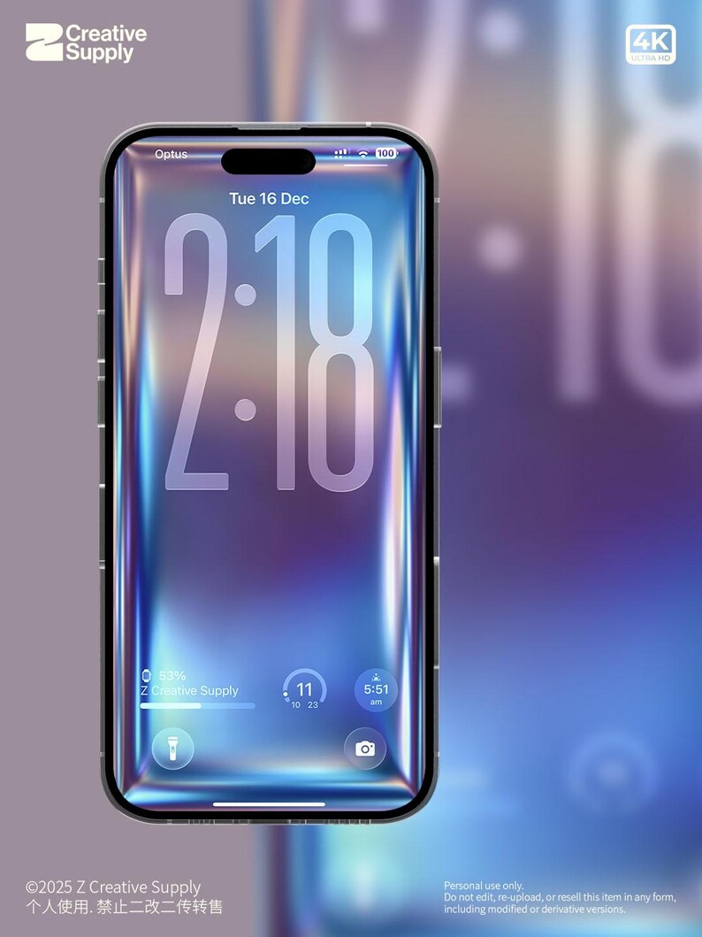 May include: A smartphone with a vibrant, iridescent display showing the time 2:18. The screen displays the date, battery life, and other icons. The phone has a black frame and the text "Creative Supply" is visible.