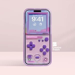 May include: A clear phone case with a retro video game design in shades of purple and pink. The case features a D-pad, buttons, and the text "ELERABYTE" and "idomdcore". The phone screen displays the date and time.
