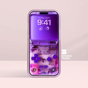 Sfondo per iPhone con console di gioco retrò viola, arte digitale trasparente ultra-realistica per la schermata di blocco / Estetica nostalgica pastello e carina per i giocatori