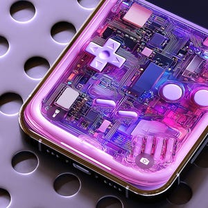 May include: A transparent phone case with a circuit board design in shades of purple and pink. The case features a D-pad and buttons, resembling a retro gaming console. The case has a gold-coloured trim and is on a perforated surface.