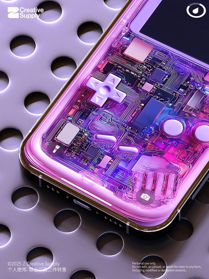 May include: A transparent phone case with a circuit board design in shades of purple and pink. The case features a D-pad and buttons, resembling a retro gaming console. The case has a gold-coloured trim and is on a perforated surface.