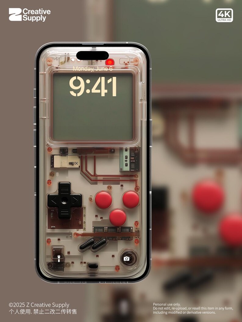 May include: A clear phone case with a retro game console design. The case has a transparent back and a black front with red buttons. The phone screen displays a digital clock with the time 9:41 and the date Monday, June 6. The text "&copy;2025 Z Creative Supply" and "个人使用,禁止二改二传转售" is visible at the bottom of the image.