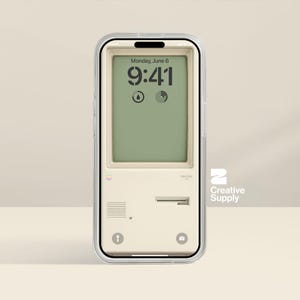 May include: A smartphone with a clear protective case displaying a digital wallpaper that mimics the appearance of a vintage beige computer. The screen shows the time 9:41, the date Monday, June 6, and two circular icons on a light green background.