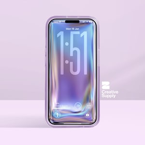 May include: A clear phone case encases a smartphone with a holographic display. The screen shows the time, date, and battery life. The phone case has a transparent border and is set against a light purple background.