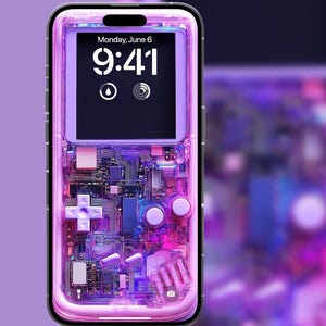 May include: A transparent phone case with a purple and pink design, resembling a retro game controller. The phone screen shows the time as 9:41 AM on Monday, June 6. The case features the Creative Supply logo and 4K Ultra HD text.