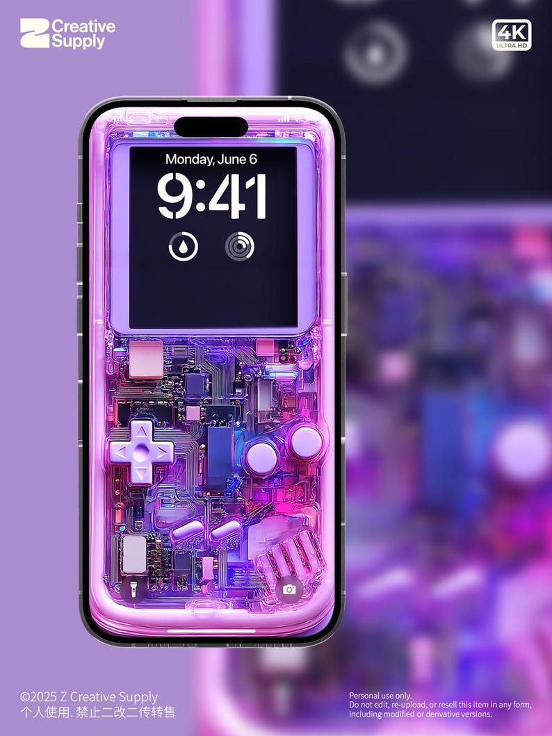 May include: A transparent phone case with a purple and pink design, resembling a retro game controller. The phone screen shows the time as 9:41 AM on Monday, June 6. The case features the Creative Supply logo and 4K Ultra HD text.