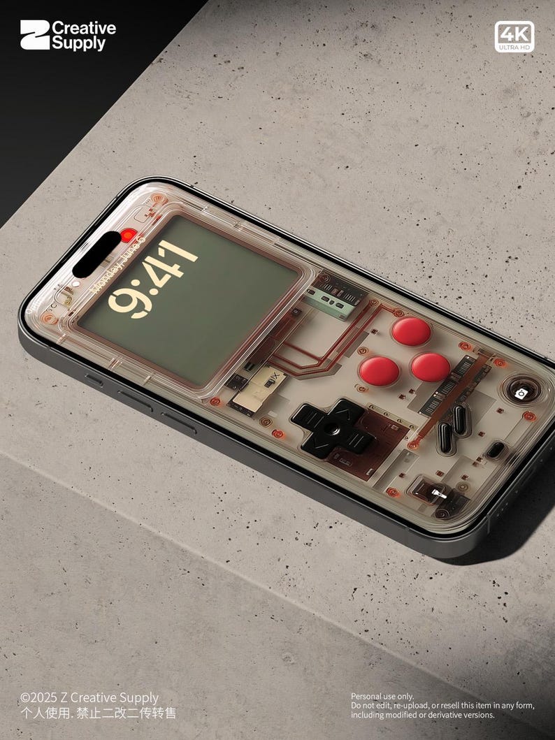 May include: A clear phone case with a retro game console design. The case has a transparent back that reveals the internal components of the phone. The case has a black border and a red button on the side. The phone screen displays the time 9:41.