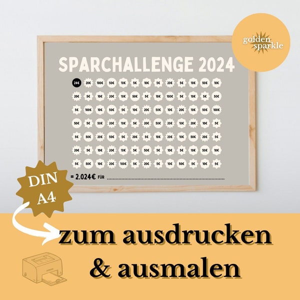 Spar Challenge 2024 zum Ausdrucken & Ausmalen - in Silber Grau - Budget Sparen Finanzen Tracker DIN A4 PDF Download