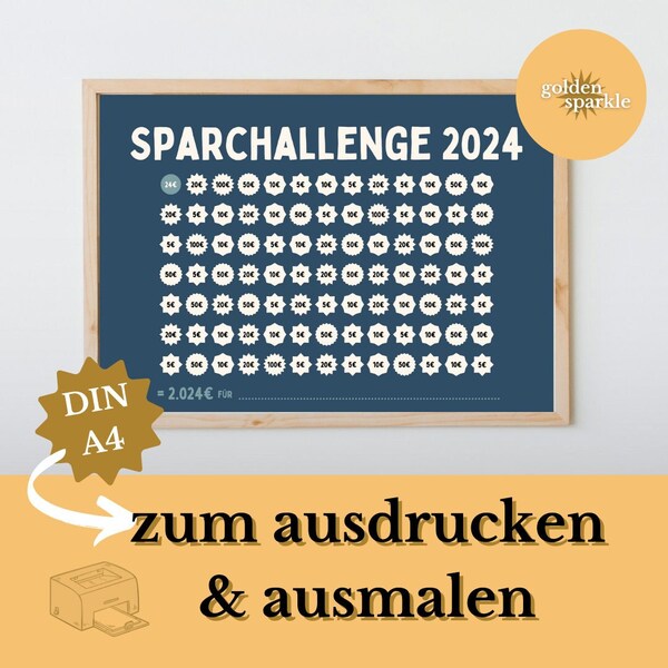 Spar Challenge 2024 zum Ausdrucken & Ausmalen - in Dunkelblau - Budget Sparen Finanzen Tracker DIN A4 PDF Download