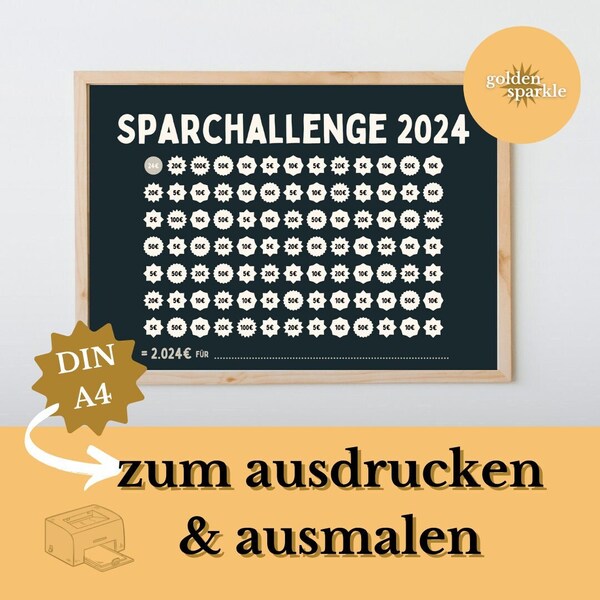 Spar Challenge 2024 zum Ausdrucken & Ausmalen - in Schwarz - Budget Sparen Finanzen Tracker DIN A4 PDF Download