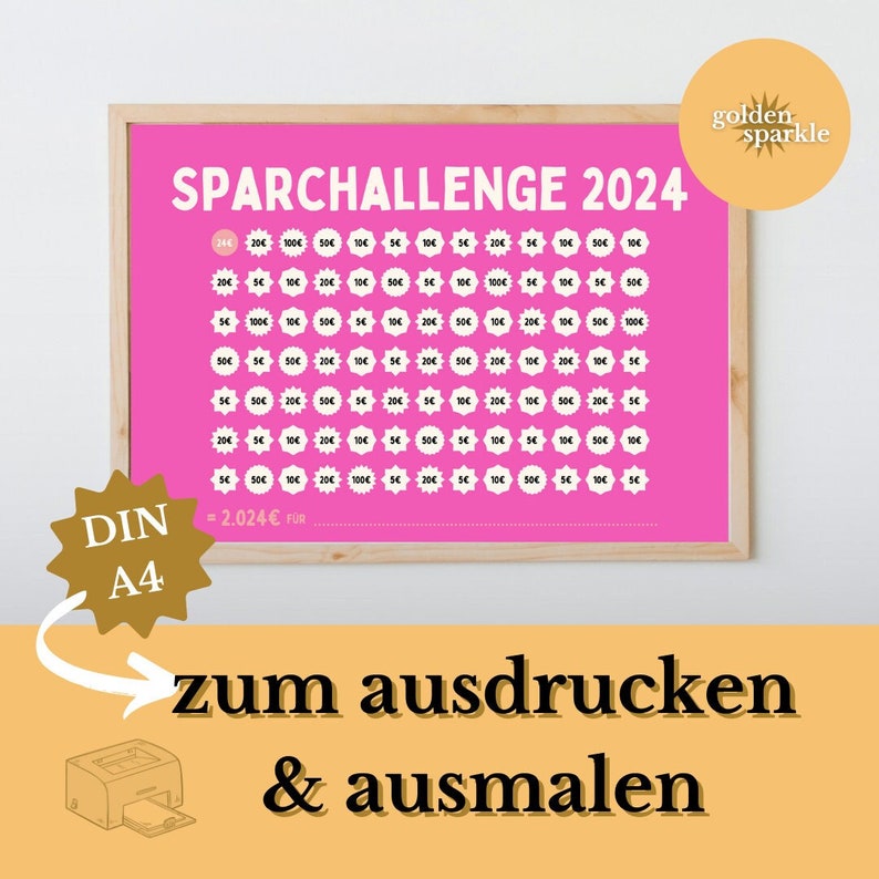 Spar Challenge 2024 Zum Ausdrucken & Ausmalen in Pink Budget Sparen