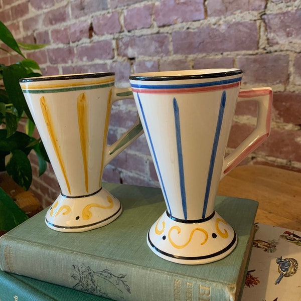 Vintage Ceramic Hand Painted Striped Cups Coffee Hot Chocolate Mugs Fun Mexico Ceramica Rustic Hand Crafted Artisan Boho Shabby Cottage