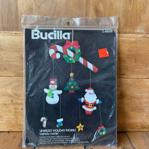 Vintage Bucilla Christmas Kit "Candy Cane" 48651 Jeweled Holiday Mobile Felt Jolly Needlework DIY Needlecraft Festive Tree Star Wreath