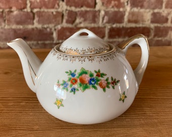 Vintage Small Individual Tea Pot with Lid Floral Gold Trim Made In Japan 6” Wide Country Boho Cottage Cabin Farmhouse Prairie Roses Violets