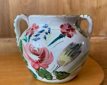 Vintage Italian Ceramic Hand Painted Small Round Vessel Pot Jug Handles Marked Italy 8656 3.5” High Pottery Ceramica Blue Green Pink Yellow