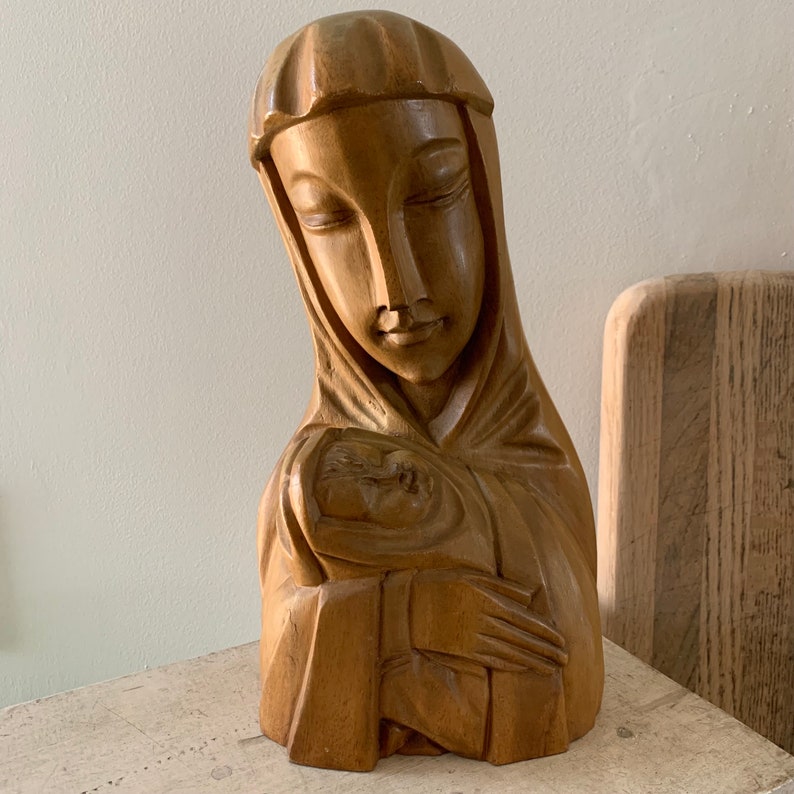 Vintage Large Hand Carved Wood Madonna Child Mother Mary Statue ...