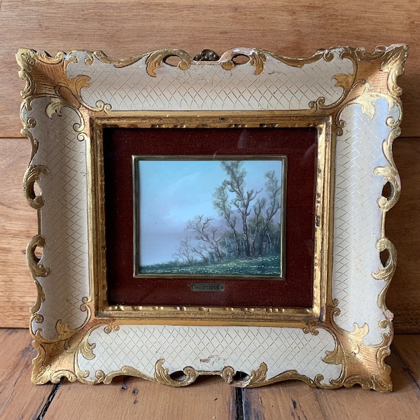 Vintage Italian Landscape Painting Signed F Oziger Florentine Hand Carved Wood Frame Firenze Italy Hand Crafted Gold Gild Decoration 9”x8”