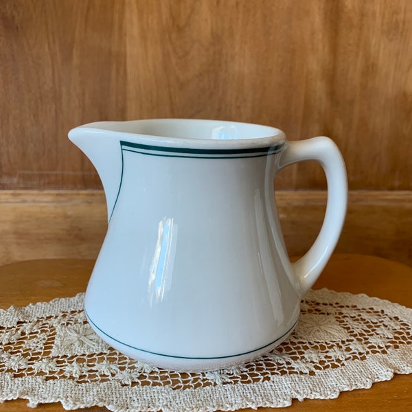 Vintage Walker Large Ceramic Creamer Green Trim Restaurant Ware Diner Cafeteria Kitchen Serving Cottage Country Farmhouse 4” High (5)