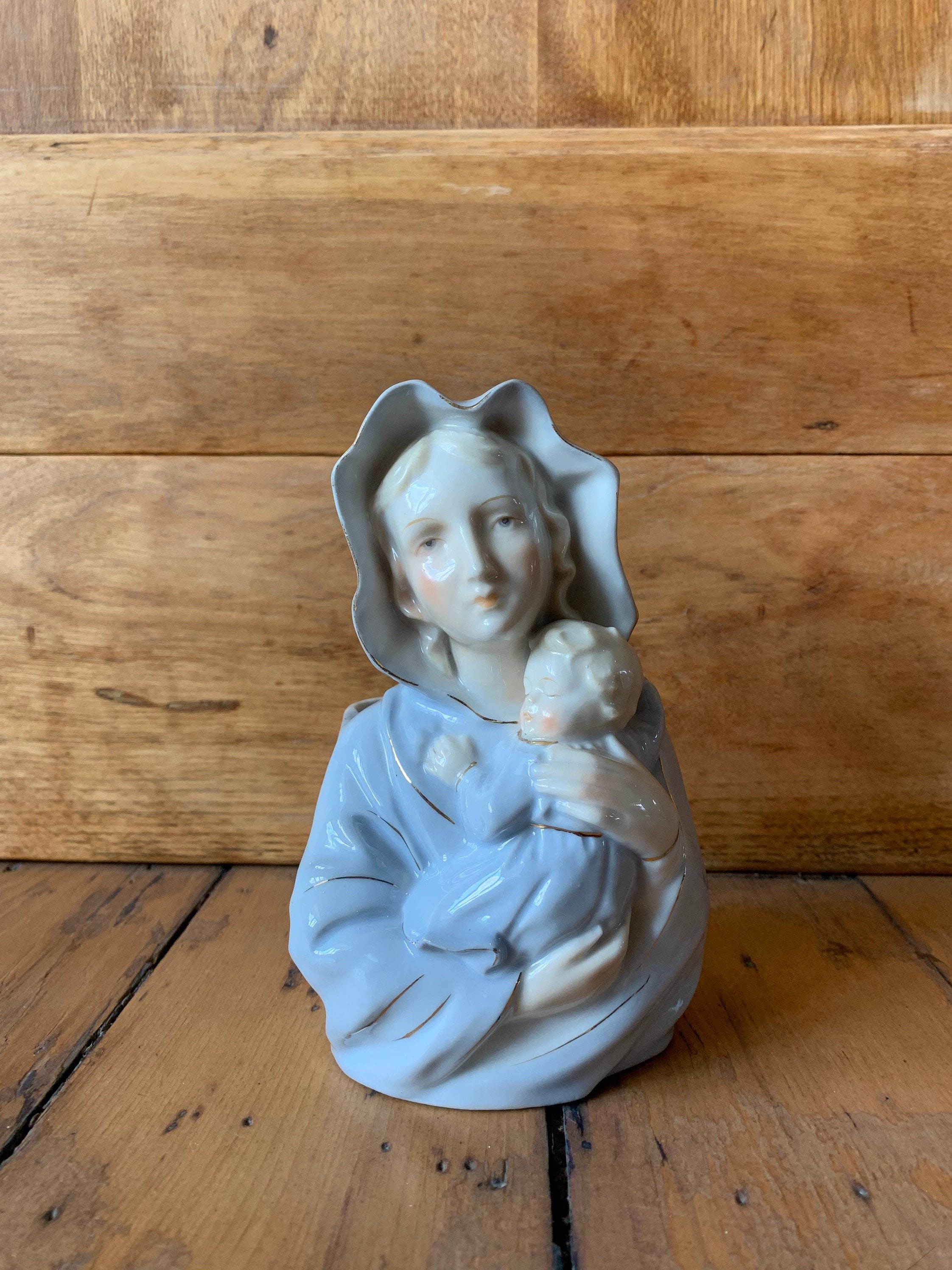 Vintage Reginart Ceramic Planter Madonna with Child Mary Mother Made in Japan Gold Trim Catholic Religious Devotional Prayer Praying