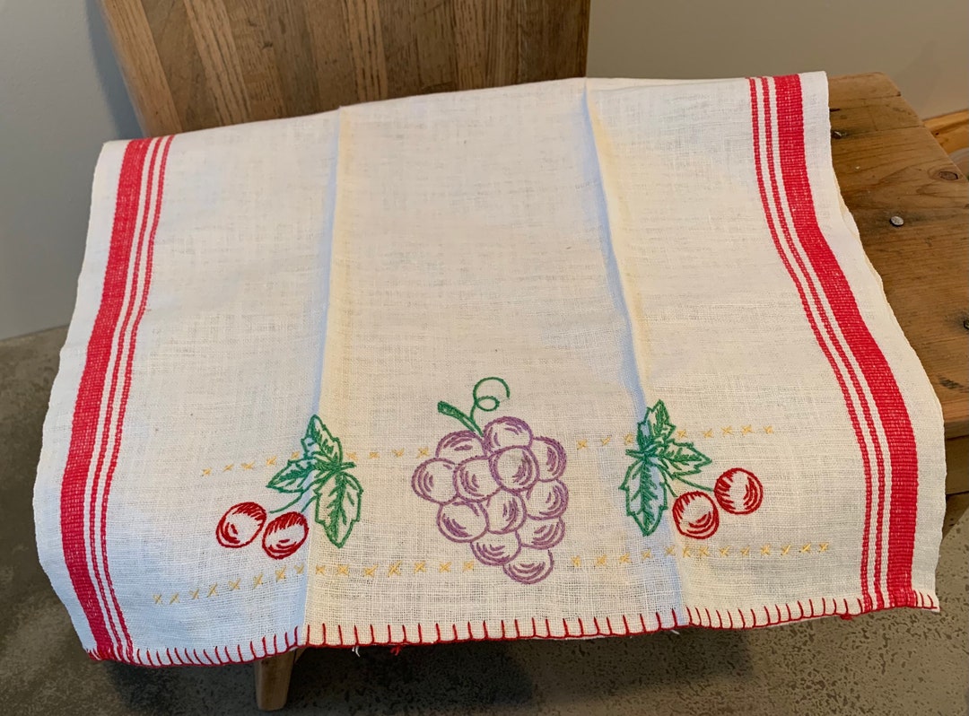 Vintage Hand Embroidered Linen Kitchen Dish Towel Grapes Etsy
