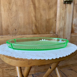 Vintage Green Depression Glass Dish Tray Uranium Serving Snack Condiment Dresser Kitchen Country Farmhouse Cottage 10”