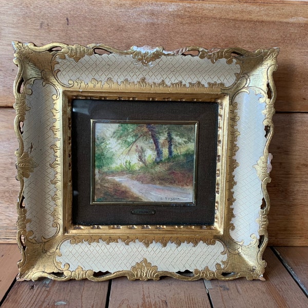 Vintage Italian Landscape Painting Signed C Pagano Florentine Hand Carved Wood Frame Firenze Italy Hand Crafted  Gold Decoration 9”x8”Lane