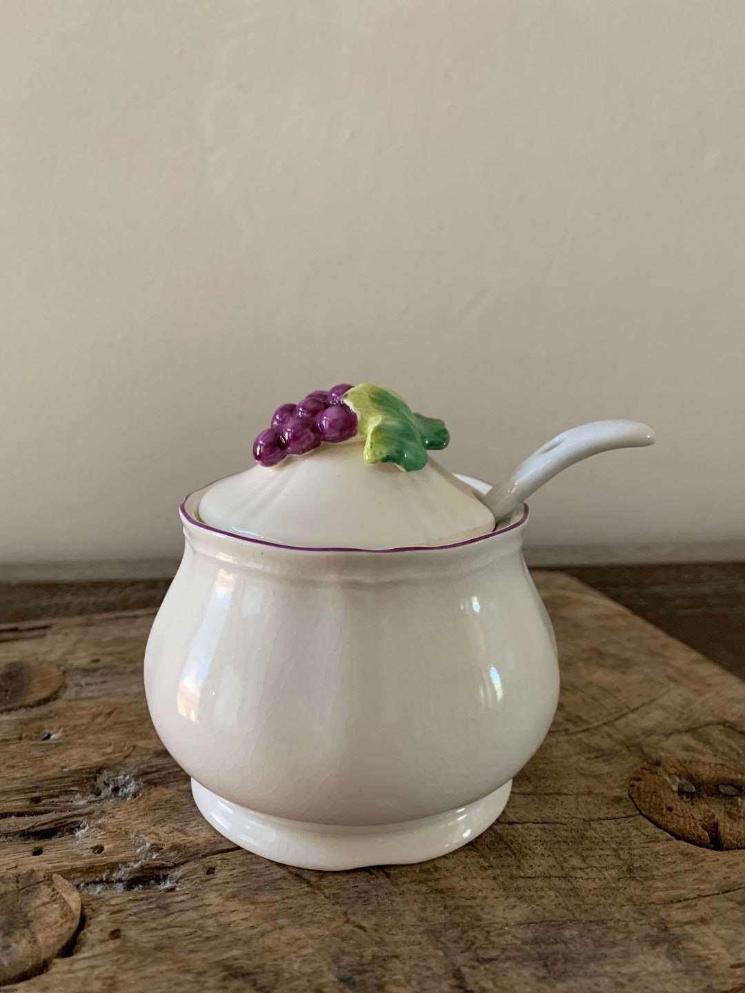 Vintage Ceramic Jam Jar With Spoon Grapes Jelly Marmalade Compote Hand