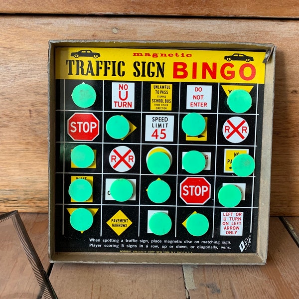 Vintage Traffic Sign Bingo Original Box Game Magnetic Party Décor Collectible Auto Travel Movie Prop
