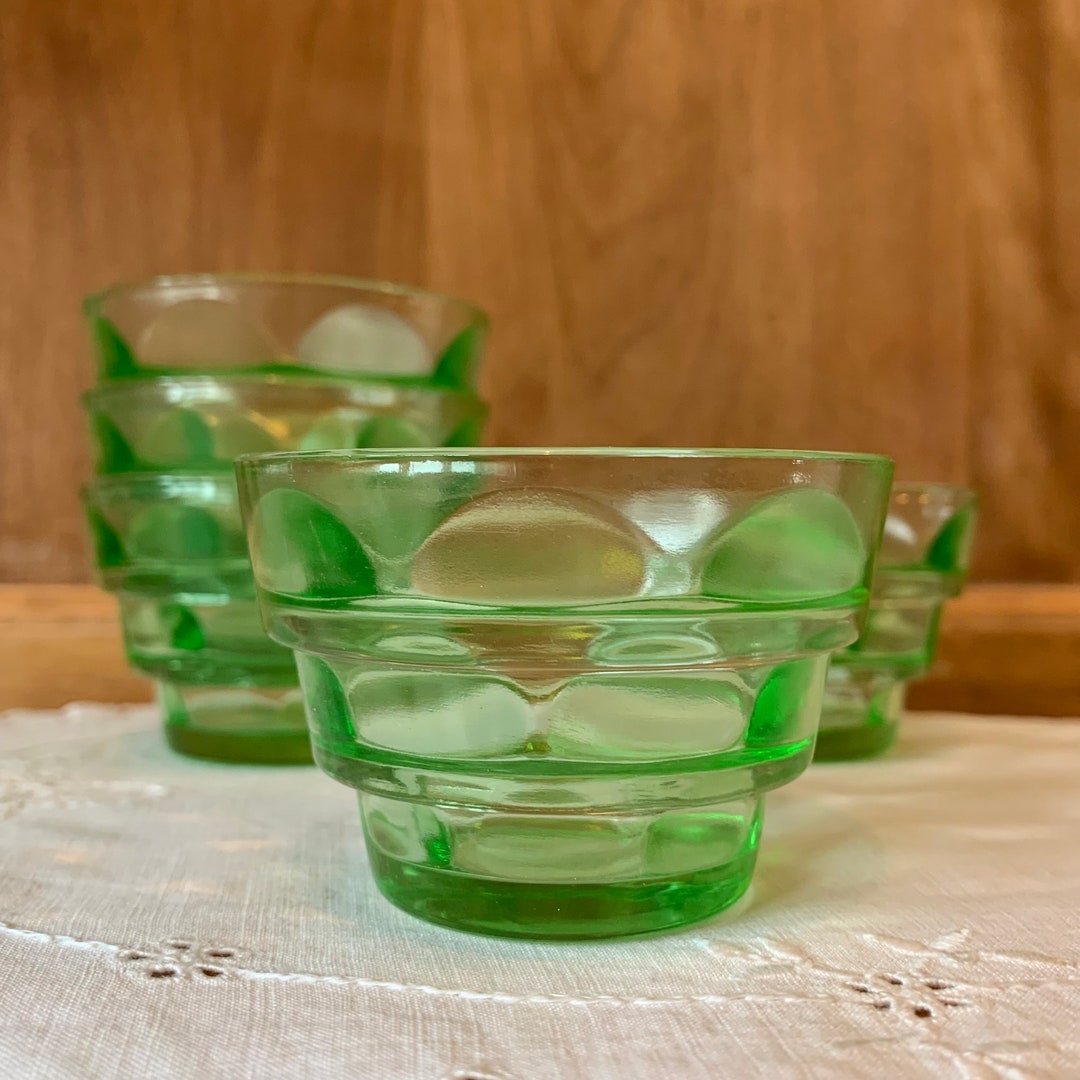 Vintage Green Depression Glass Cups Bowls Uranium 2 Fluted Custard