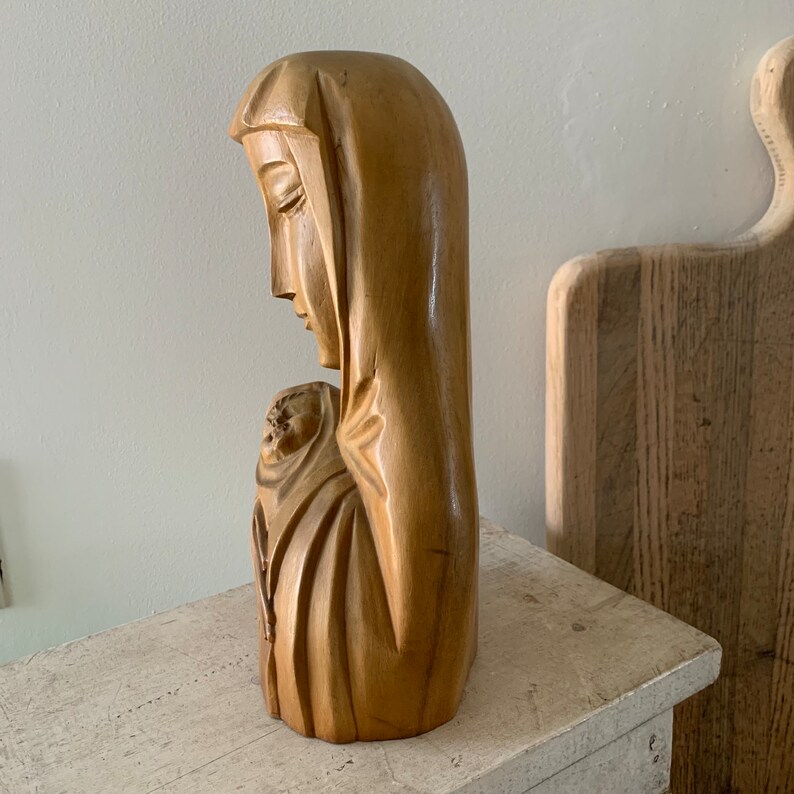 Vintage Large Hand Carved Wood Madonna Child Mother Mary Statue ...