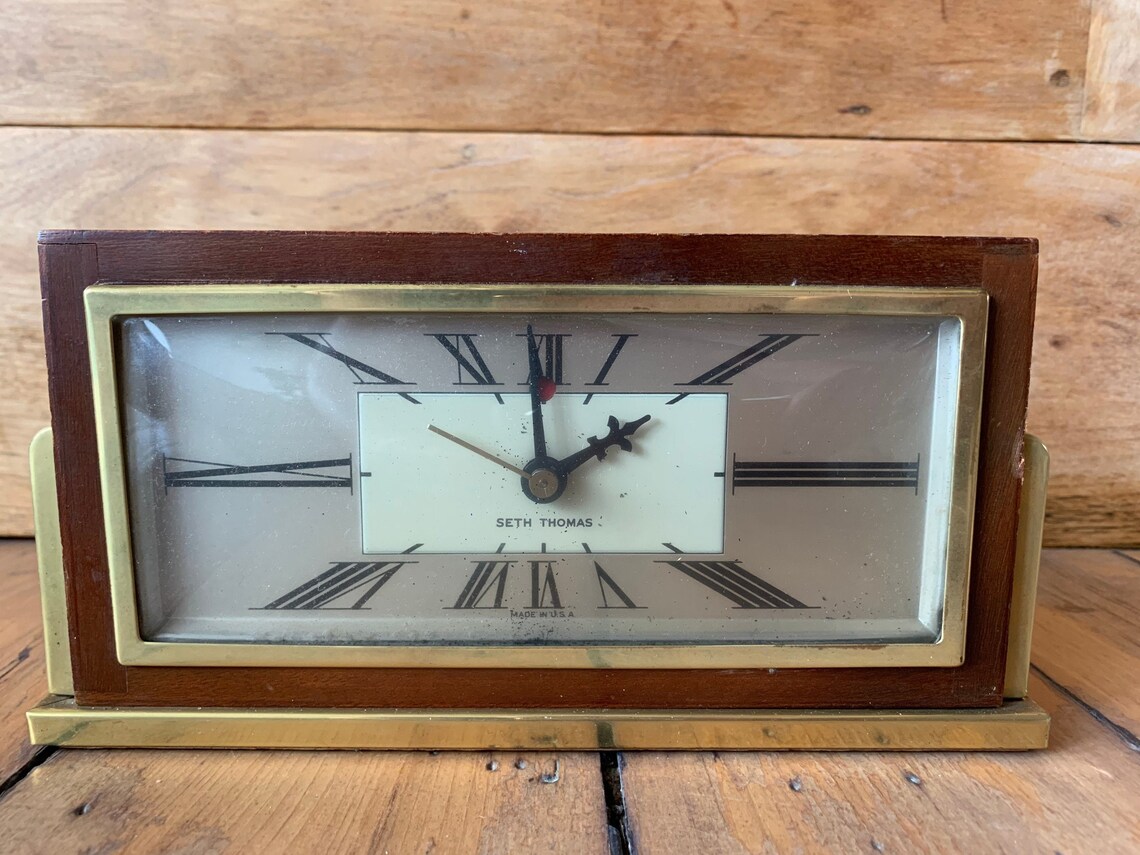 Vintage Seth Thomas Table Desk Clock Brown Wood Brass Made in Etsy