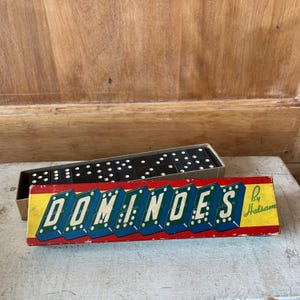 Vintage Halsam Wood Domino Set Original Box MCM 1950s Dominoes Black White Game Den Family Night Assemblage Collage