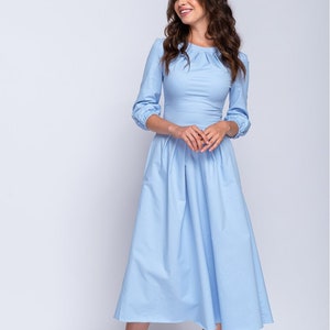 Blue Long Organic Cotton Dress Mid Calf Dress Retro Style - Etsy