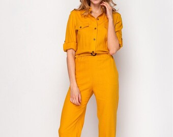 Vintage and handmade cottonlinen bright yellow jumpsuit with cool geometric neckline free shipping