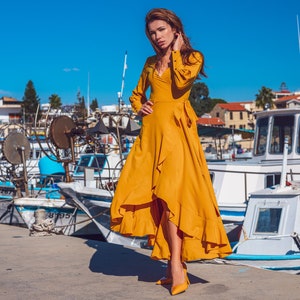 Honey yellow long wrap dress, bridesmaid dress, cocktail dress, wedding guest dress, maxi party dress, formal dress, prom dress