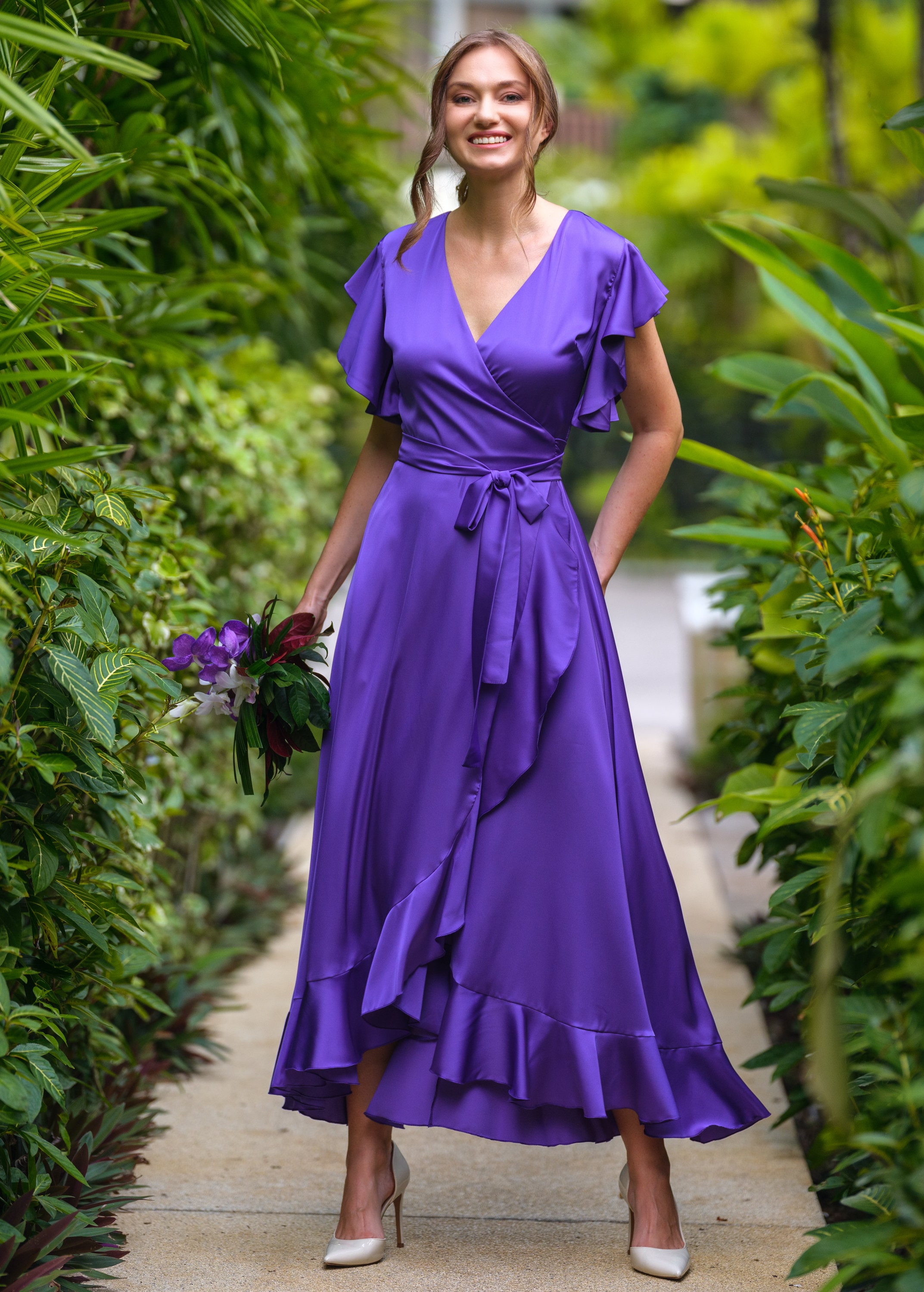 purple silk dress with sleeves Purple Satin Maxi Dress, Long Sleeve Formal Gown for Summer Party