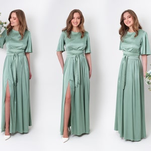 Sage green silk dress with belt, long slit dress, bridesmaid dress, wedding guest dress, maxi dress, evening dress, formal dress