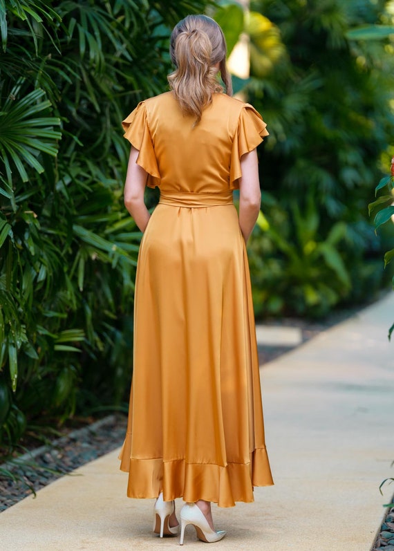 Gold Dress, Silk Dress, Wrap Dress, Bridesmaid Dress, Wedding Guest Dress, Women  Dress, Maxi Dress, Evening Dress, Long Dress - Etsy