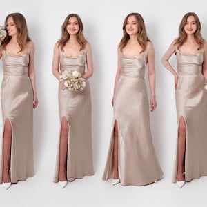 Champagner beiges Seiden-Schlitz-Kleid, Brautjungfer-Kleid, Seidensatin-Kleid, Hochzeitsgast-Kleid, Abendkleid, Hochzeits-Cocktailkleid