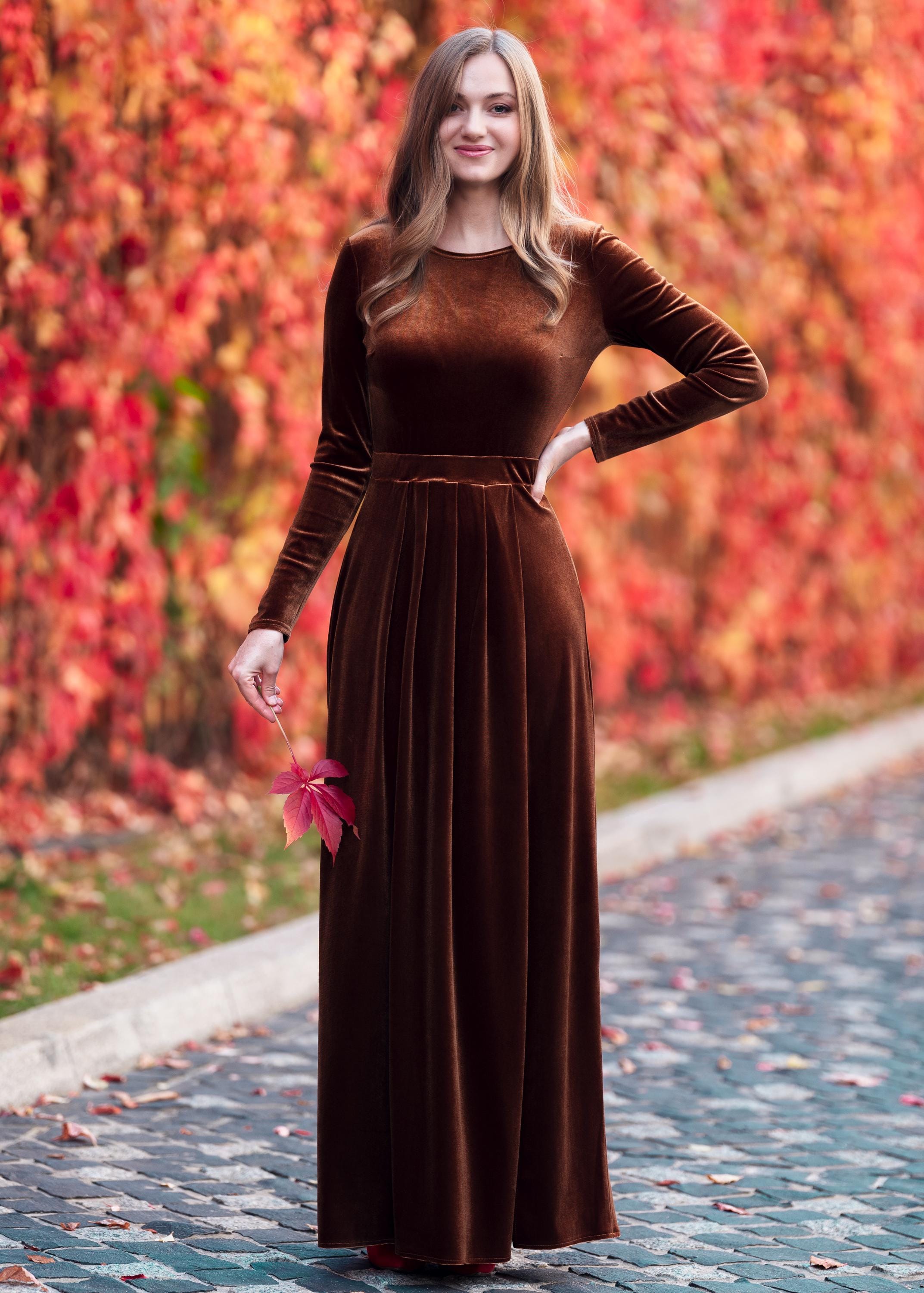 ワンピース Velvet sheer long onepiece Rust Brown Velvet Maxi Dress - Holiday Gown With Long Sleeves and