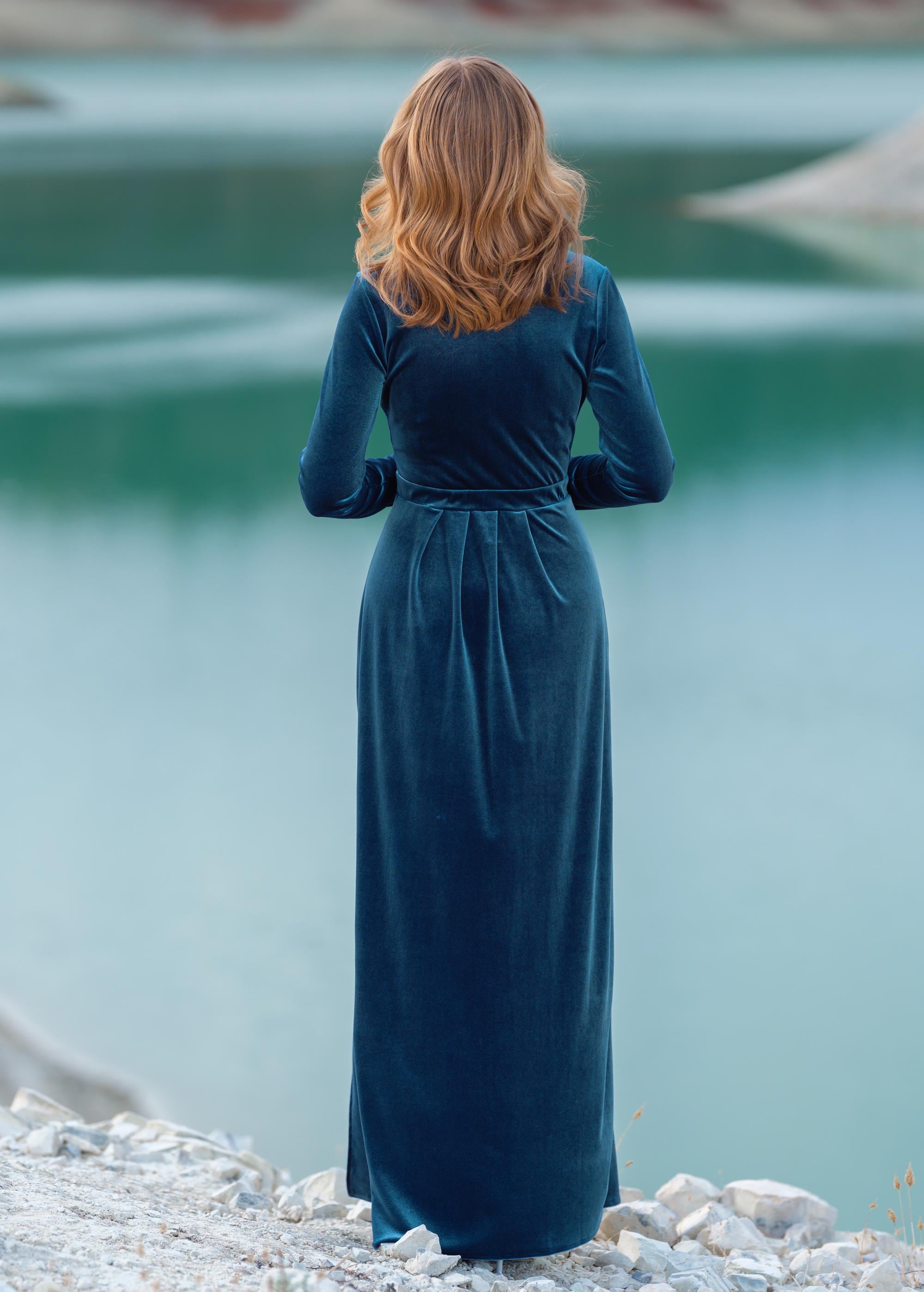 Dusty Blue velvet maxi dress: holiday gown with long sleeves and slit, Christmas Party, Fall Winter Wedding, Bridesmaid