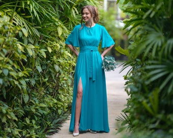 Turquoise slit dress with belt, viscose slit dress, bridesmaids dress, wedding guest dress, summer dress, evening dress, formal dress